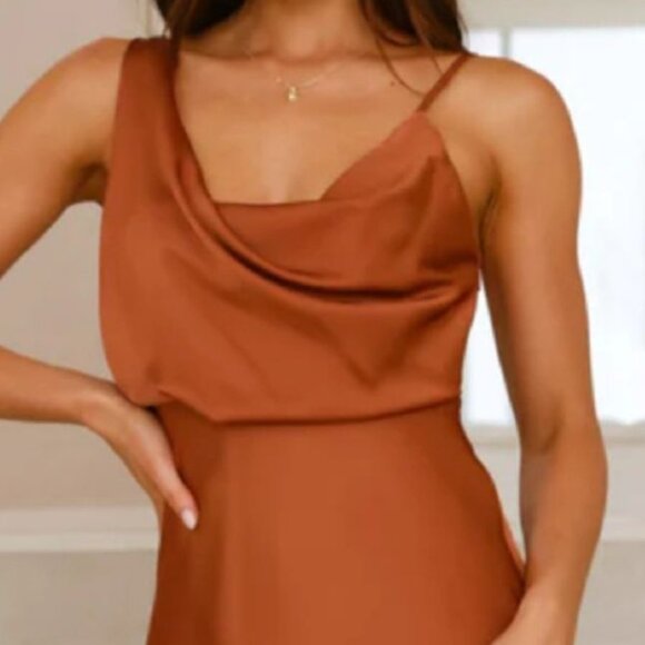 Satin Asymmetrical Midi Dress | New Sleeveless Sheath Dress w/ Cowl Neck - Picture 5 of 9